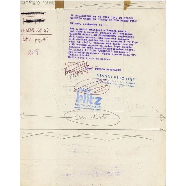 Portrait of Giorgio Gaber in 1959 is a vintage photographic print on single-coated paper. Photograph probably made by...