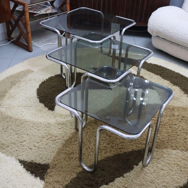 Smoked Glass Chrome Coffee Tables, 1970s, Set of 3 For Sale - Image 5 of 5