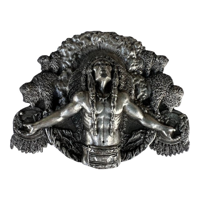 Vintage 1980s Belt Buckle Pewter Praying Indian Chief Native American Buffalos. For Sale