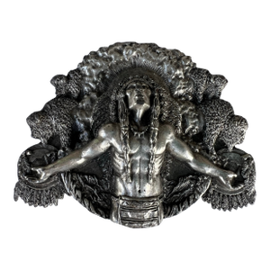 Vintage 1980s Belt Buckle Pewter Praying Indian Chief Native American Buffalos.