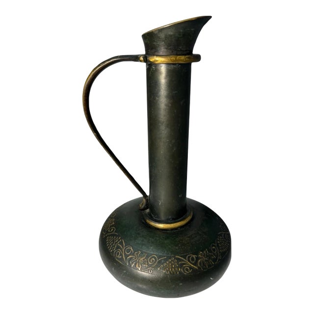 Vintage Israeli Brass Bud Vase Ewer Grapevine Engraved Patina Israel For Sale