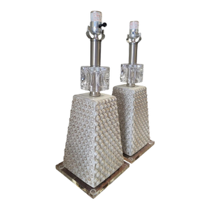 Vintage Ceramic Raised Dots Lucite Pale Grey Table Lamps- A Pair