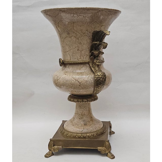 1970s Decorative Crafts Inc. Crackle Glaze with Bronze Vase This striking vase from Decorative Arts, Inc. features all the...