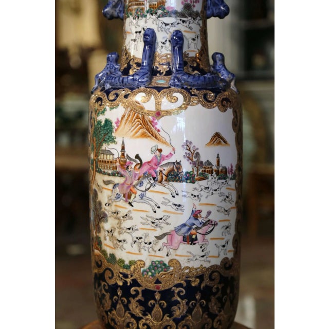 Ceramic Mid-Century Chinese Famille Rose Porcelain Vase With Fox Hunt Scenes For Sale - Image 7 of 10
