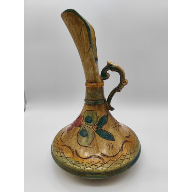 Mid-Century Roman Majolica Carafe with Polychrome Painting, Sgraffito Engravings and Curved Handle, 1950s For Sale - Image 9 of 9