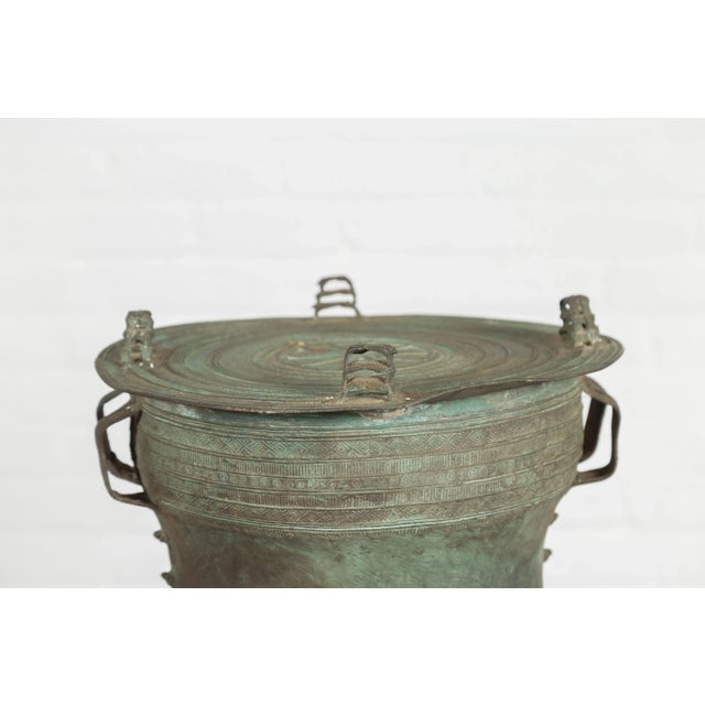 Laotian Style Vintage Bronze Rain Drum with Geometric Motifs and Verde Patina For Sale - Image 9 of 13