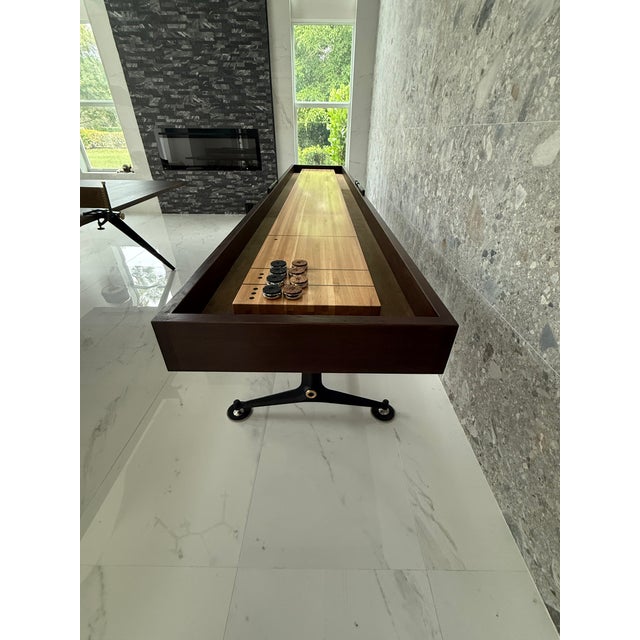 2010s District Eight Artisanal 13’ Shuffleboard Table, Smoked Oak Frame & Cast Iron Base For Sale - Image 5 of 13