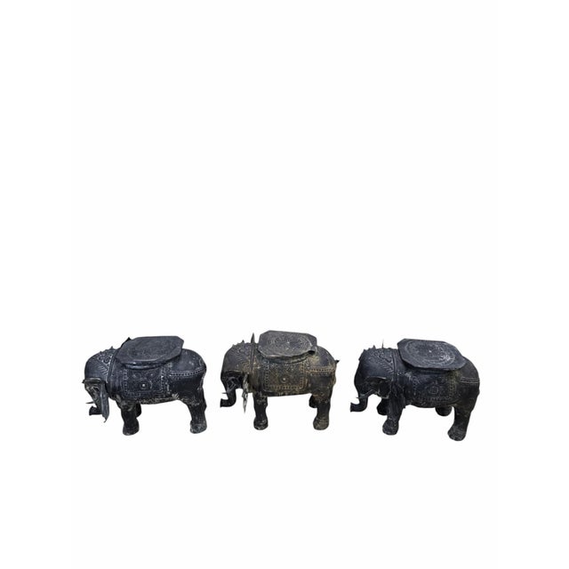 Antique Balinese Finely Detailed Patina Hammered Bronze Saddled Elephant Plant-Stand/Cocktail Table For Sale - Image 9 of 12