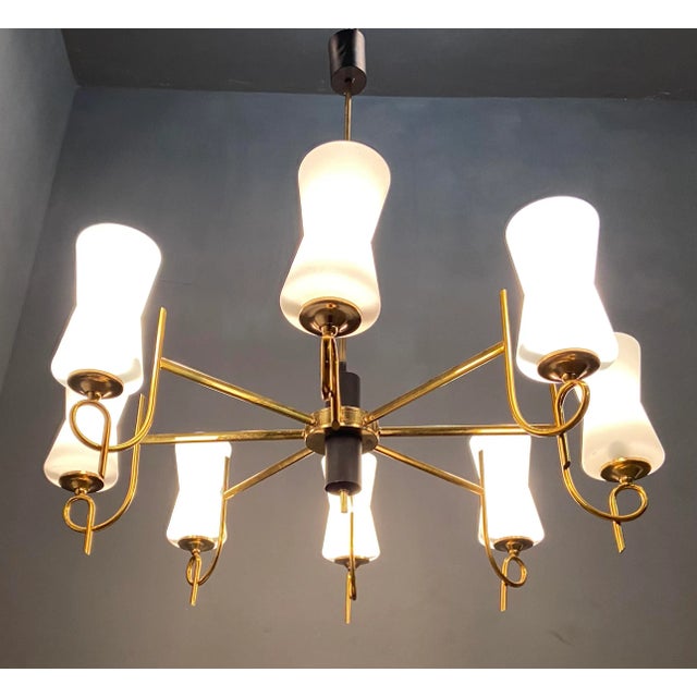 Large stilnovo brass opaline glass chandelier brass frame with white original opaline glass shades very good conditions...
