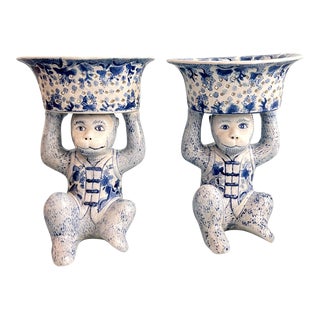 Late 20th Century Chinoiserie Blue and White Monkeys With Reticulated Bowls - a Pair For Sale
