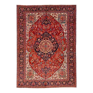 Red Antique Heriz Handmade Room Size Persian Wool Rug With Medallion Motif