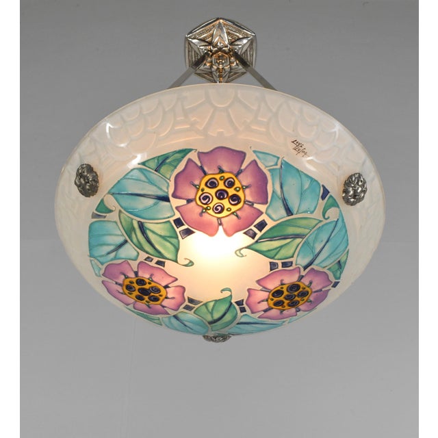 1930s Loys Lucha French Art Deco Pendant Light 1930s - Purple Turquoise Floral Enameled Bowl For Sale - Image 5 of 11