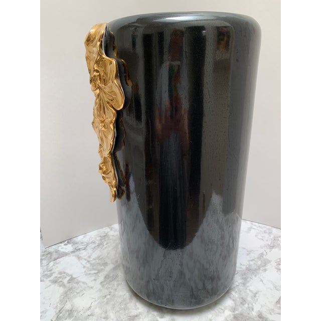 Vintage Large Italian Black and Gold Ginkgo Leaf Vase or Umbrella Vessel For Sale - Image 4 of 11