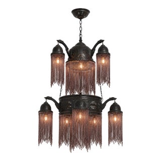 Large Moorish Moroccan Revival Beaded Fringe Chandelier Pendant Light For Sale