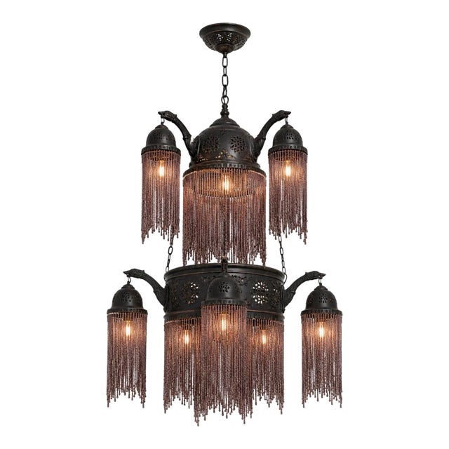 Large Moorish Moroccan Revival Beaded Fringe Chandelier Pendant Light For Sale