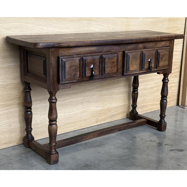 Spanish Console Table with Carved Drawers and Iron Handles, 1890s For Sale - Image 3 of 9