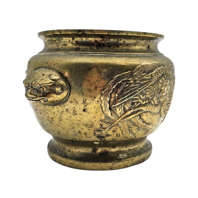 Antique Chinese Brass Censer With Phoenix Motif — Restored Cachepot Planter For Sale In San Francisco - Image 6 of 15