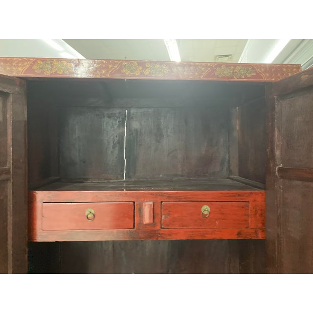Late Qing Dynasty Chinese Red Lacquered Tall Wedding Chest For Sale - Image 11 of 12