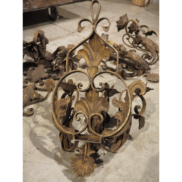Set of Four Vintage French 3-Arm Iron and Tole Sconces, Distressed Gilt Finish For Sale - Image 9 of 18