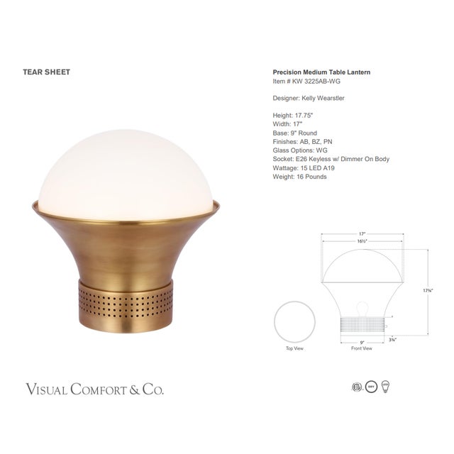Kelly Wearstler by Visual Comfort Signature Precision Medium Table Lantern in Antique-Burnished Brass with White Glass...