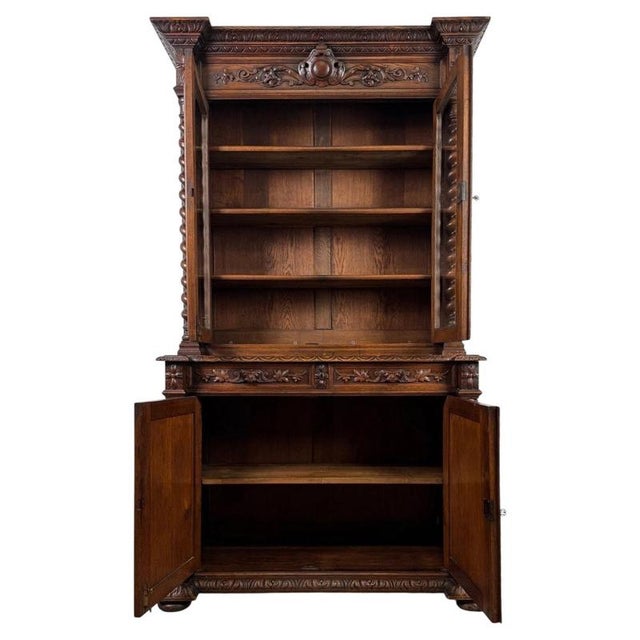 19th Century Antique English Renaissance Revival Oak Bookcase For Sale - Image 4 of 14