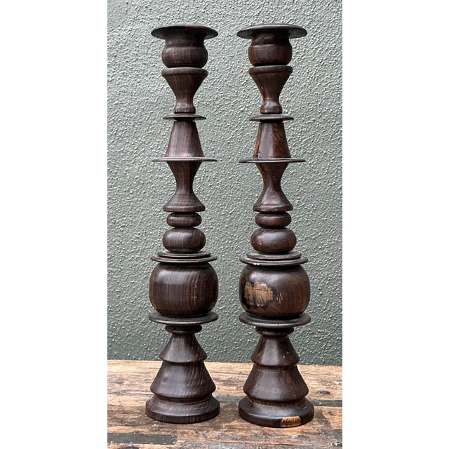 Vintage Turned Wood Candlesticks - A Pair For Sale - Image 4 of 12
