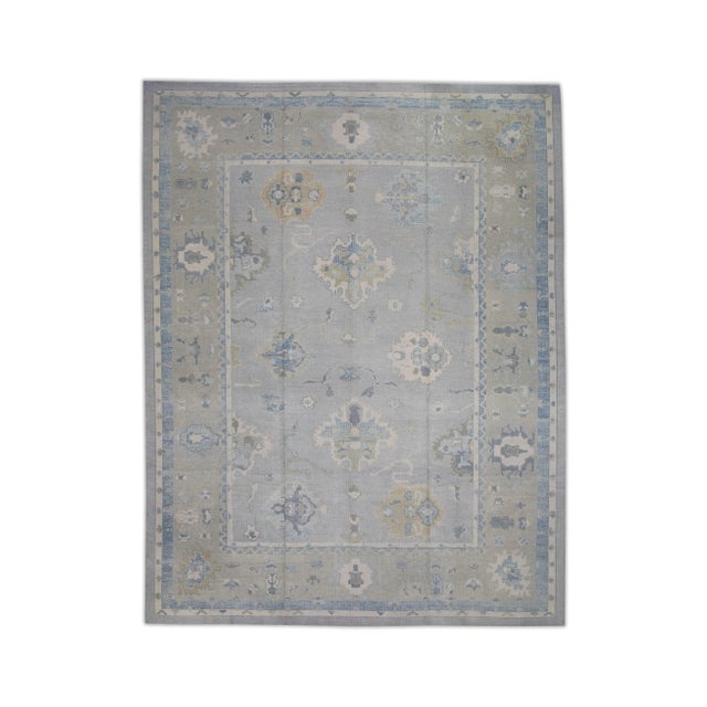 Gray Early 21st Century Gray & Blue Floral Design Handwoven Wool Turkish Oushak Rug 12' X 16'1" For Sale - Image 8 of 8