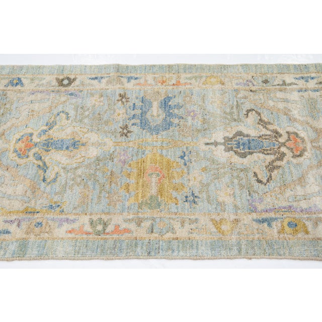 2010s Modern Mahal Floral Designed Handmade Blue Wool Runner For Sale - Image 5 of 11