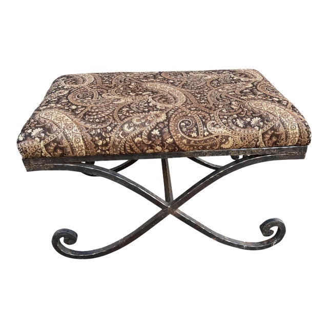 Late 20th Century Swaim Regency Style Iron X Bench with Paisley Upholstery For Sale