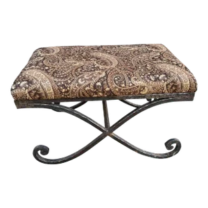 Late 20th Century Swaim Regency Style Iron X Bench with Paisley Upholstery