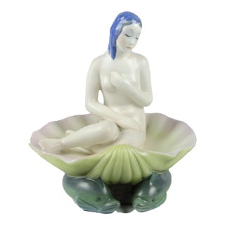 1930s Torino Glazed Porcelain Sculpture of Seated Venus on Shell Over Dolphins, Manufactured by Lenci, Italy For Sale