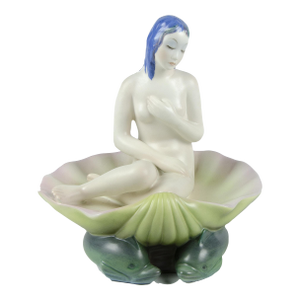 1930s Torino Glazed Porcelain Sculpture of Seated Venus on Shell Over Dolphins, Manufactured by Lenci, Italy