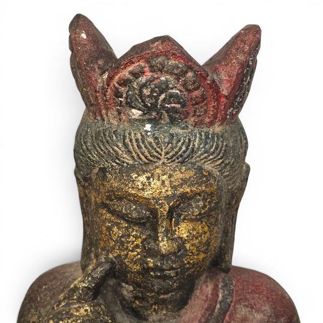 Asian Polychrome Seated Bodhisattva Sculpture on Lotus Base 23" For Sale In San Francisco - Image 6 of 17
