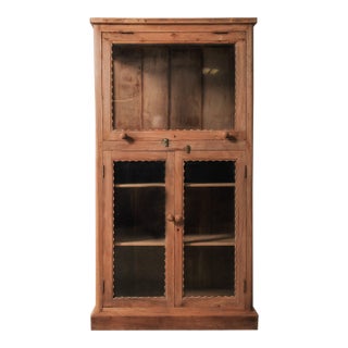 Vintage Wooden Glass Display Cabinet With Scalloped Trim and Dual-Sided Doors For Sale