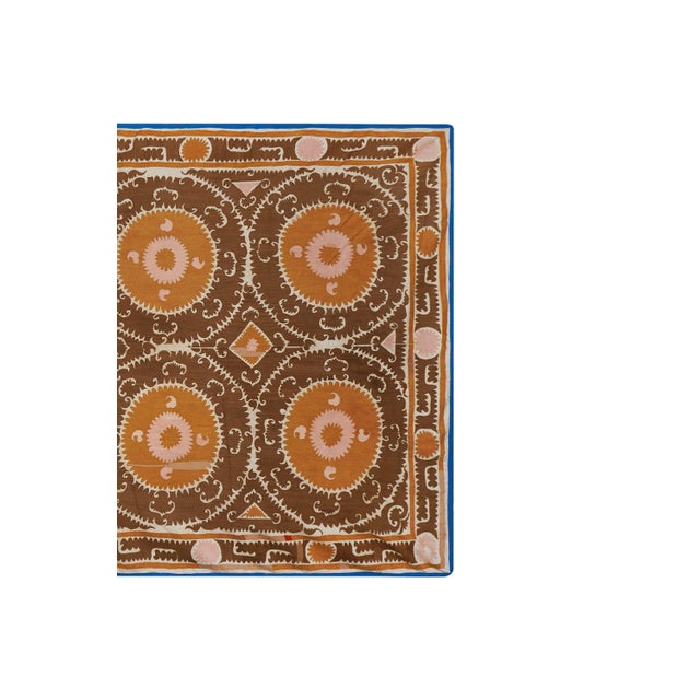 1960s Boho Brown Suzani Throw, Hand Embroidered Tapestry, Neutral Orange Decor 7'5'' X 12'1'' For Sale - Image 5 of 13