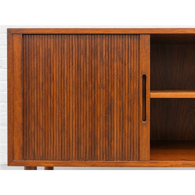 Danish Rosewood Mid Century Modern Credenza | Tambour Door Media Cabinet | Scandinavian Storage Console, C. 1960’s For Sale - Image 11 of 16