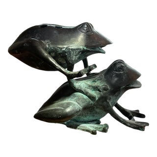 Vintage Solid Brass Frog Flower Frog Sculpture Verdigris Heavy 2lb 5" Tall For Sale