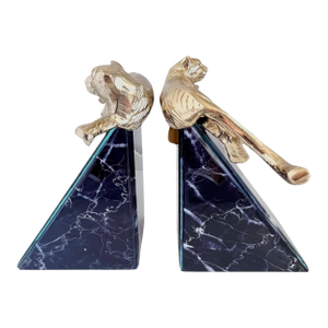 Art Deco Leopard Panther Bookends Pair Art Deco Sleek Bookends Gold Panthers Sitting Atop Acrylic Black Marbled Base