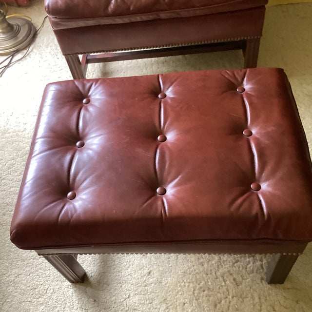 1975 Hancock & Moore Burgundy Full-Grain Leather Wingback Executive Armchair and Ottoman Set. Tufted For Sale - Image 9 of 9