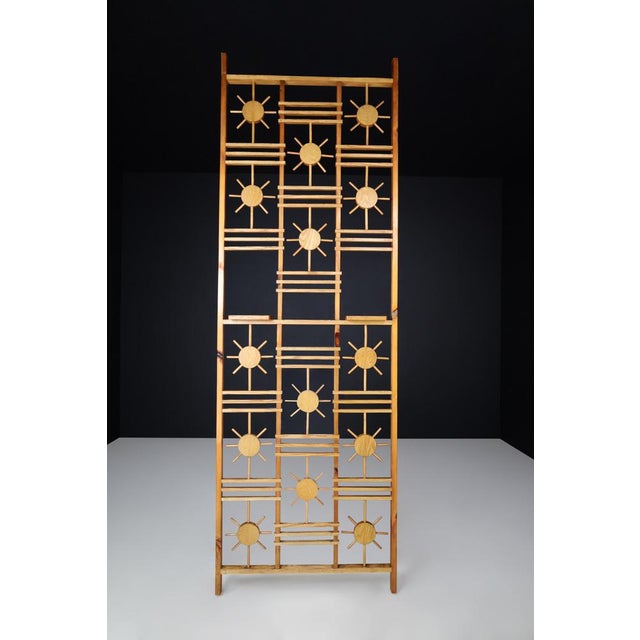 French Pine Room Divider with Sunburst Accents, 1960s This striking mid-century room divider, handcrafted in France in the...