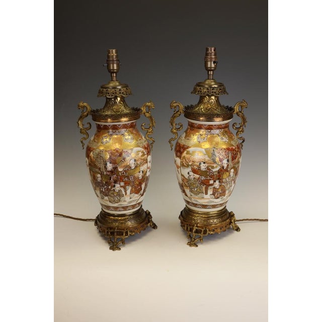 Large Japanese Satsuma Table Lamps in Gilt Bronze Ormolu Mounts, Meiji Period c.1880 by Unknown for Unknown, Set of 2 For Sale - Image 3 of 18