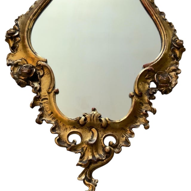 Antique 19th-Century Italian Rococo Revival Hand-Carved Giltwood Wall Mirror c.1850-1890 For Sale - Image 4 of 11