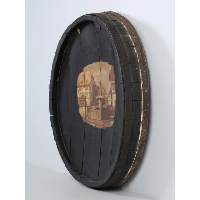 Antique Wine Barrel End Repurposed as Wall Art with a beautifully executed painting of Dambach-la-ville, France. Dambach-...