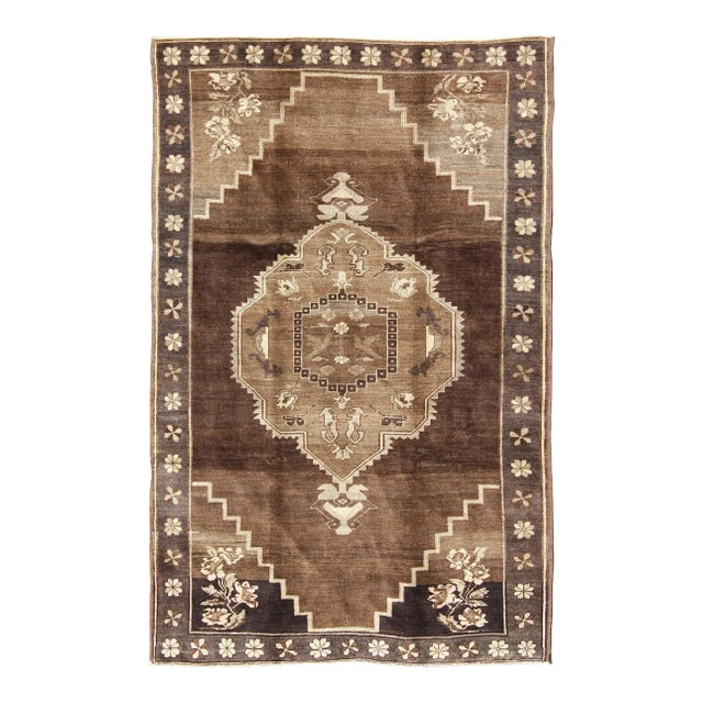 Mid 20th Century Vintage Brown Turkish Rug With Geometric Design in Various Brown Colors For Sale