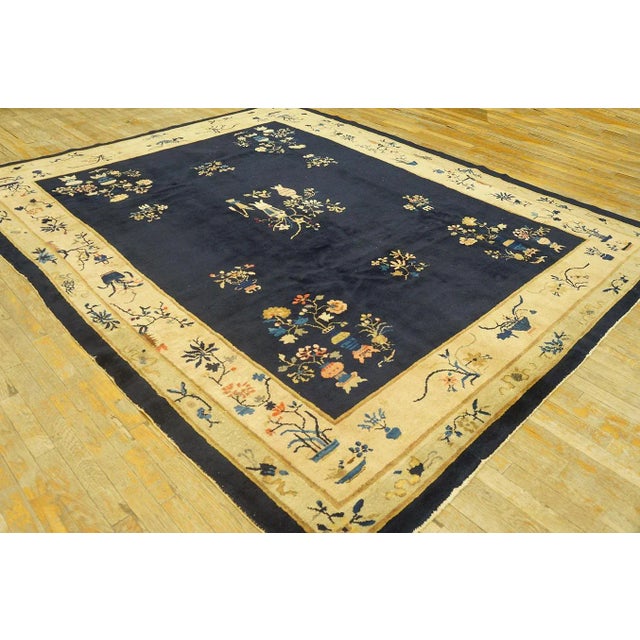 Exceptional Navy Blue Background and Light-Yellow Border With Floral Design Antique Chinese Rug For Sale - Image 9 of 9