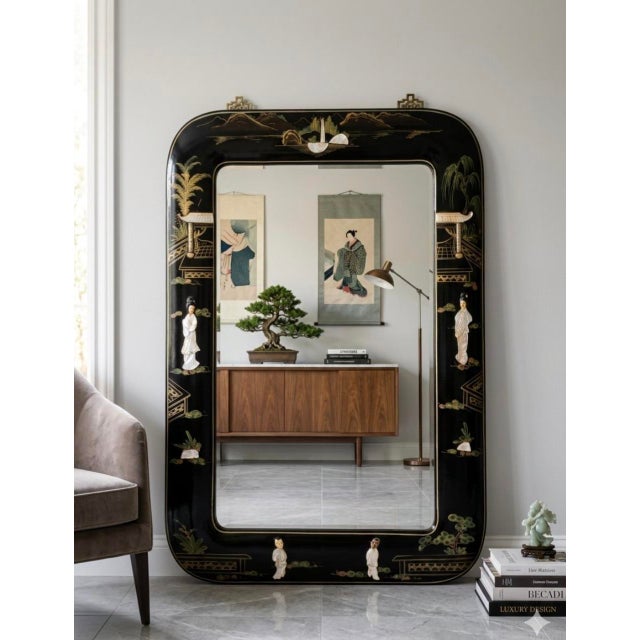 Chinoiserie Vintage Chinese Black Lacquer Chinoiserie Wall Mirror With Mother-of-Pearl Inlay, 40" X 30" For Sale - Image 3 of 15