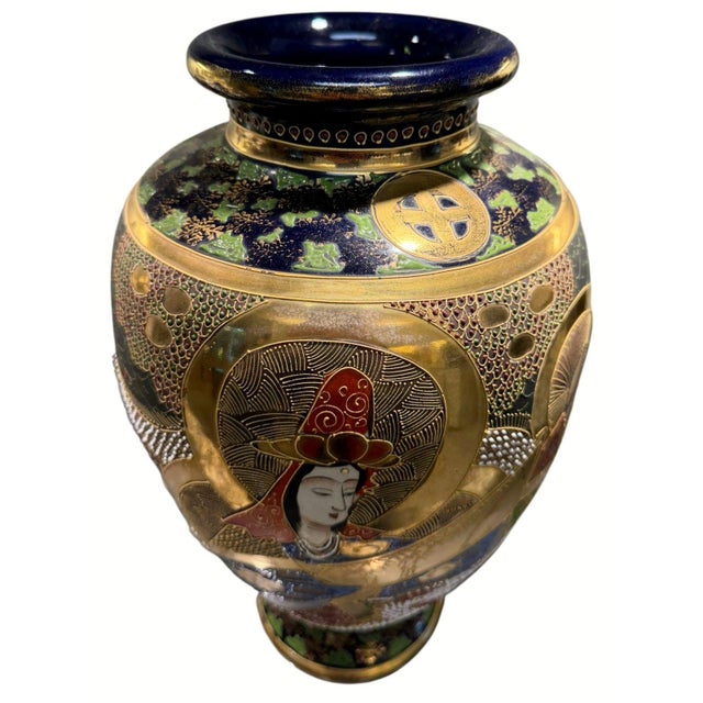 Japanese Vintage Japanese Satsuma Moriage Dragon Buddhist Figures Vase 14.5" For Sale - Image 3 of 10