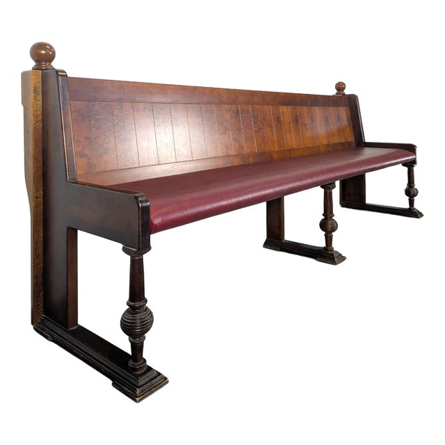 Art Deco Brasserie Bench in Oak and Burl Wood with Burgundy Imitation Leather Seat, 1930s For Sale