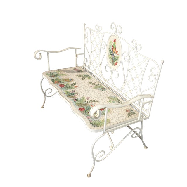 Vintage French Country White Wrought Iron Tiled Bench W Parrots Two Seater For Sale