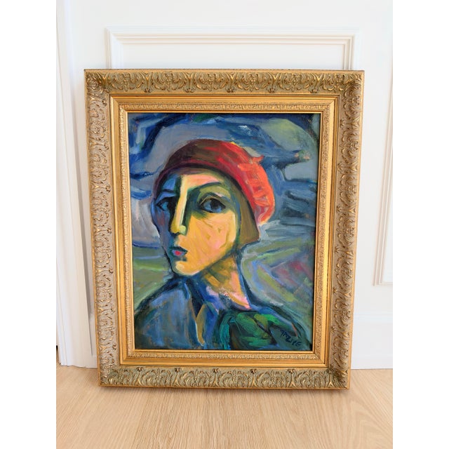 1990s Signed Tazive 1990 Fauvist Expressionist Portrait of a Woman in a “Red Beret” Oil Painting in Gilt Frame For Sale - Image 5 of 5
